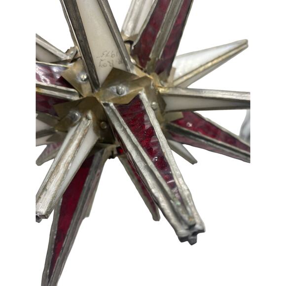 Brutalist Handmade Stained Glass Moravian Star Large Red white signed 1975 R Roy - Picture 2 of 6